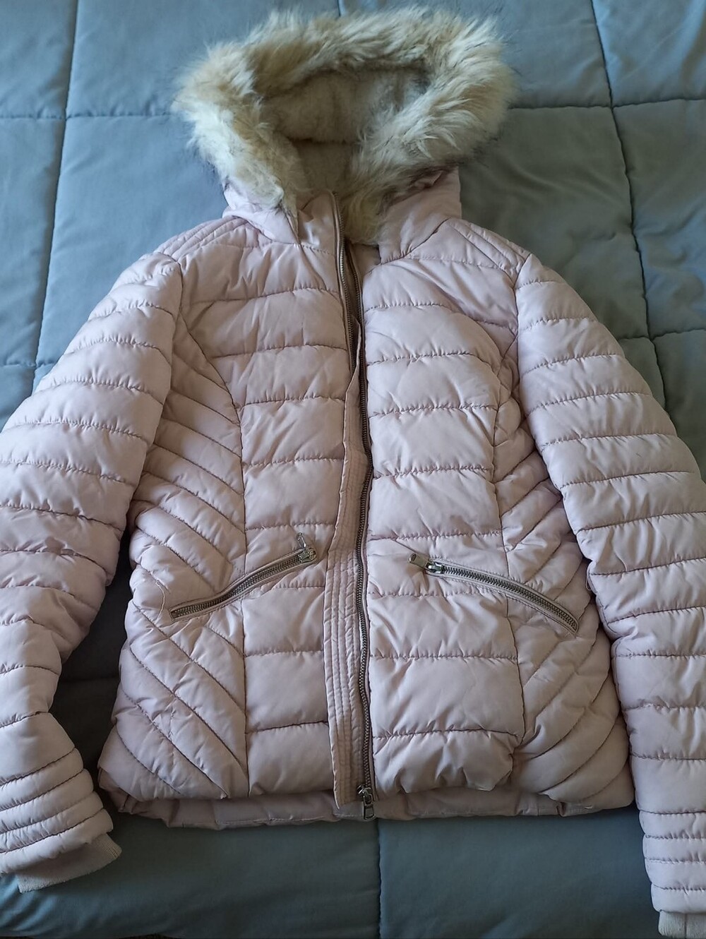 Light Pink Quilted Girls Puffer Jacket with Faux Fur Hood